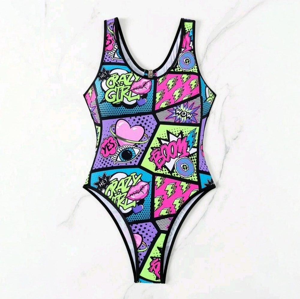 NEW CURRENT MOOD NEON POP ART STRAPPY BACK BODYSUIT